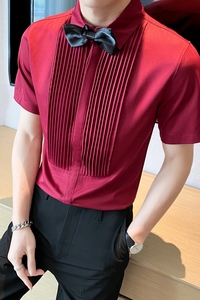 LT143*2023男女款法式短袖休闲咖啡厅网咖工装纯色情侣衬衣P45图片