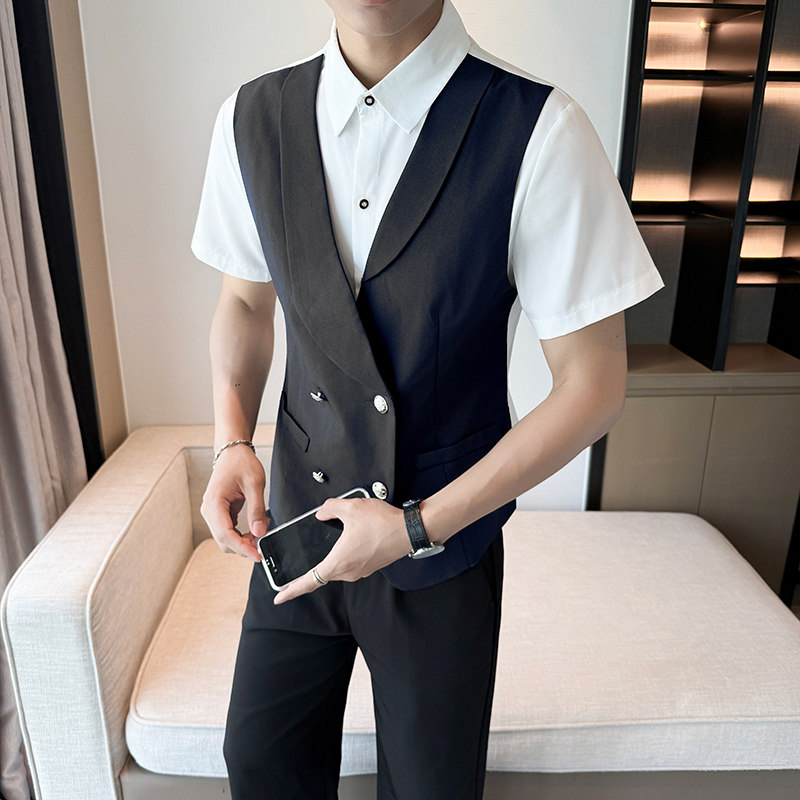 LT1001*双排扣男马甲衬衫两件套短袖衬衣KTV西餐厅服务员工装P55,男装衬衫,星座717A