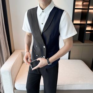 LT1001*双排扣男马甲衬衫两件套短袖衬衣KTV西餐厅服务员工装P55,夏季短款短袖搭配图片