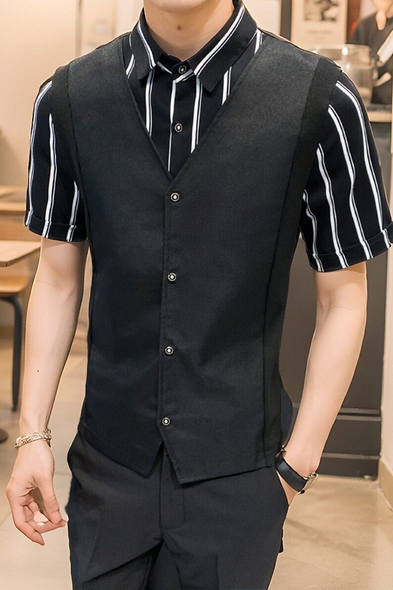 LT135*条纹短袖衬衫马甲假两件男款KTV酒吧餐厅奶茶店工作服P50,男装衬衫,星座717A