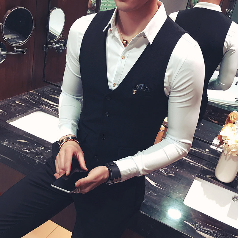 Y8731-W胸襟装饰男韩版休闲马甲外套 理发师服务员工作服大码P50图片