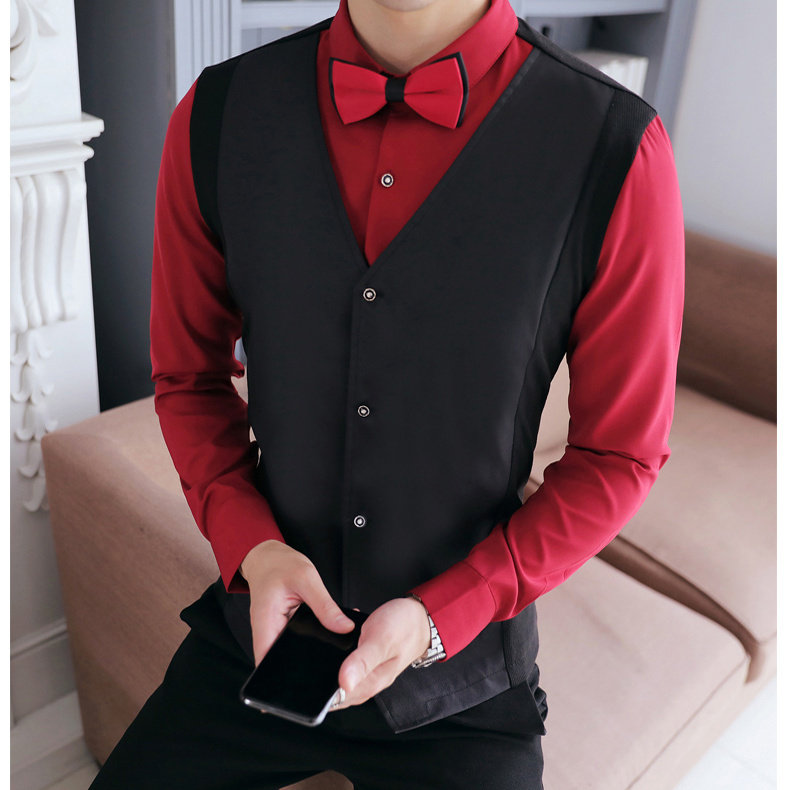 YC101-男潮假两件衬衫马甲两件套工作服大码营业员工装P50,男装衬衫,星座717A