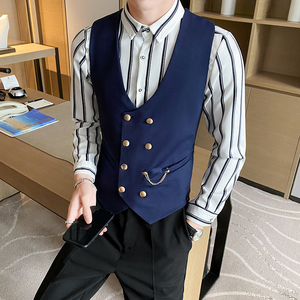 8734*新款链条装饰双排扣男休闲马甲酒吧工作服P50图片