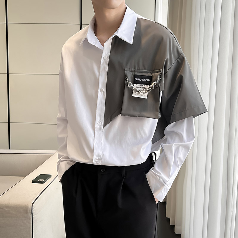 QS025*2022男潮宽松拼色长袖衬衫立体大口袋中性小众衬衣P65图片