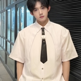 QS093*男夏季宽松潮拼接设计领带装饰短袖衬衫工作服P55，男装衬衫，星座717A