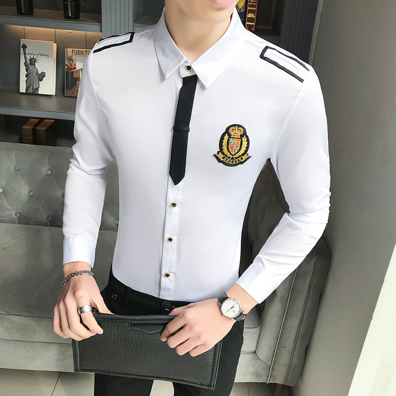 LT104-学院风男领带装饰长袖衬衫夜店酒吧KTV青年衬衣P50,男装衬衫,星座717A