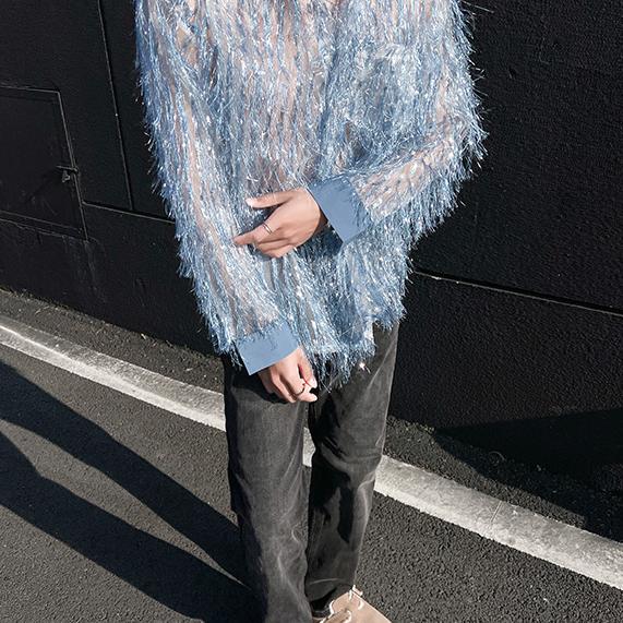 QS090*春夏季韩风爽剧潮牌男装羽毛衬衫男长袖高级感镂空外套P65，男装衬衫，星座717A