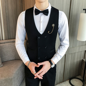 LP733-新款双排扣V领男马甲外套服务员马甲工作服大码P40图片