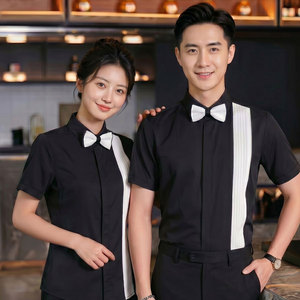 GZ147*褶皱法式黑色男女同款夜店酒吧KTV短袖衬衫工作服送领结P45图片
