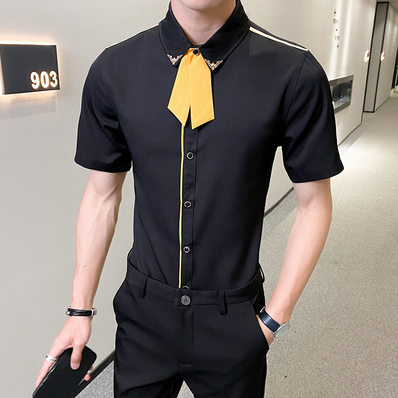 LT136*2024新款拼色可拆卸领带男短袖衬衣休闲衬衫P45,男装衬衫,星座717A