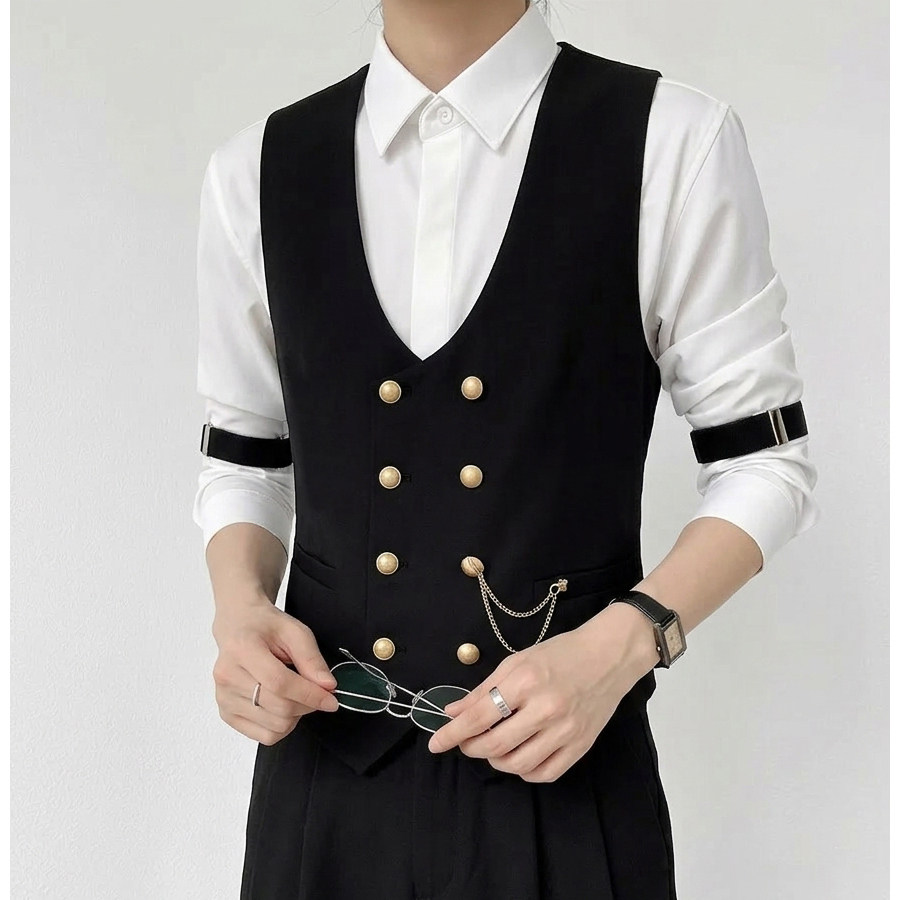 QS734*双排扣链条装饰男女同款马甲休闲马甲外套P50,男装背心/马甲,星座717A