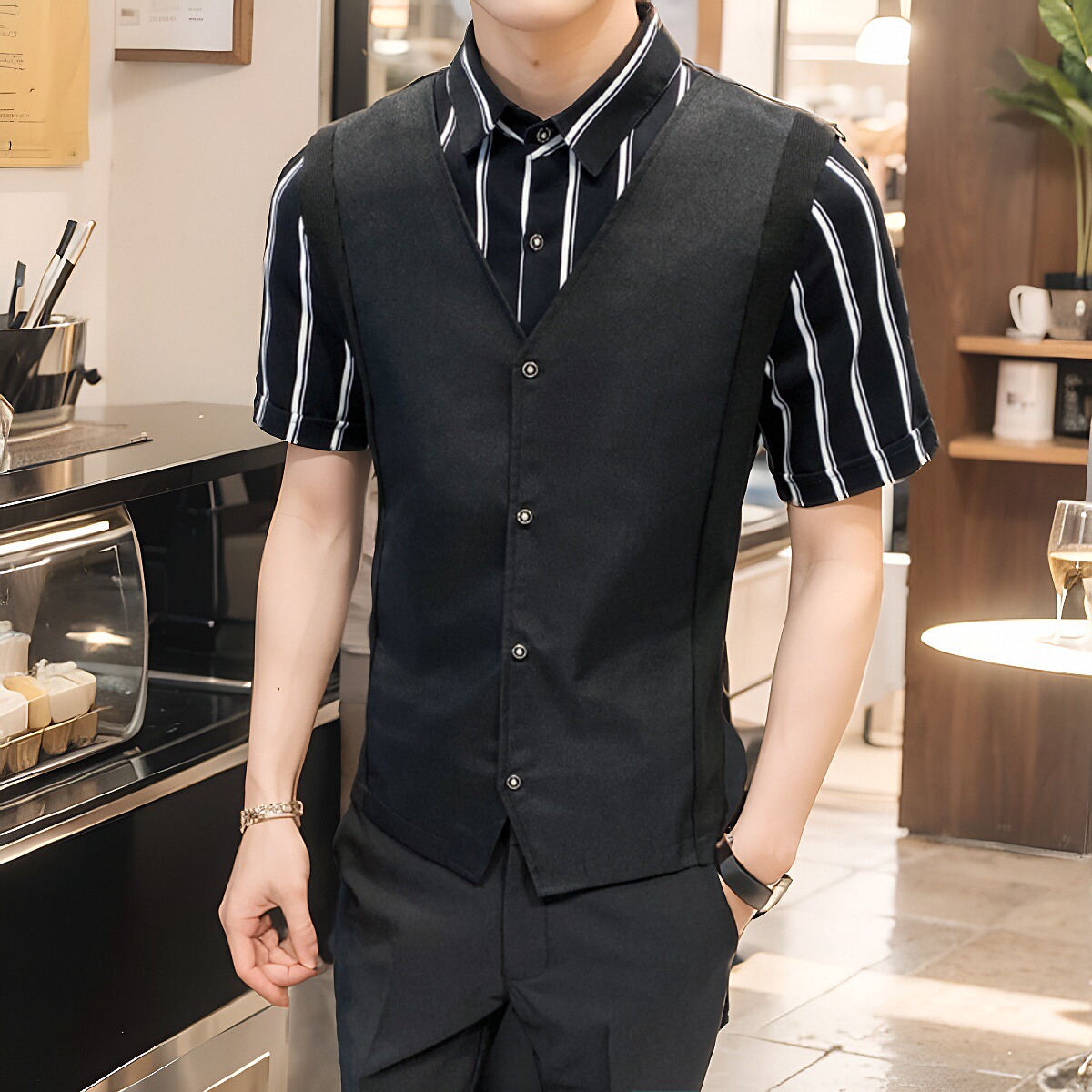 LT135*条纹短袖衬衫马甲假两件男款KTV酒吧餐厅奶茶店工作服P50，男装衬衫，星座717A