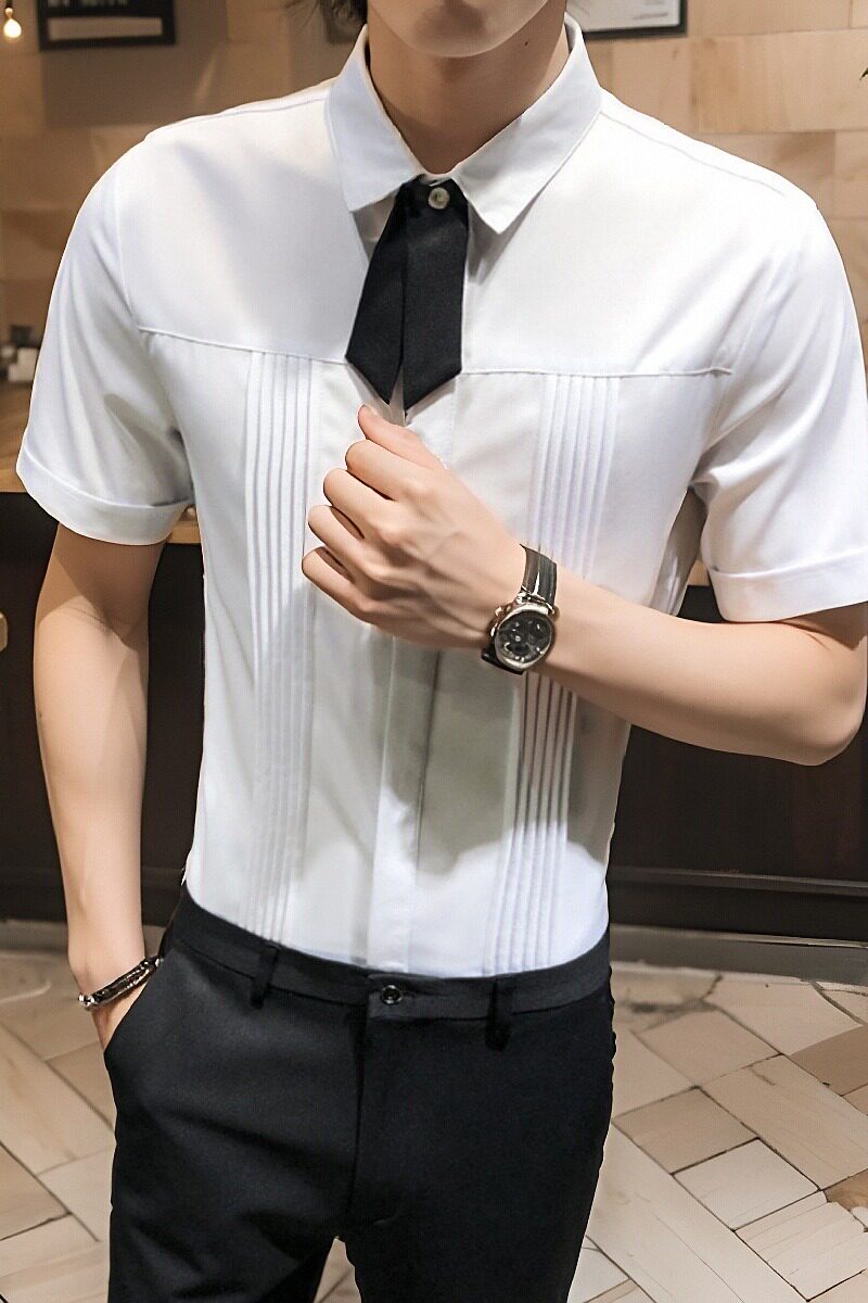 LT119-可拆卸领结男女潮营业员短袖衬衫定制LOGO短袖衬衣P40,男装衬衫,星座717A
