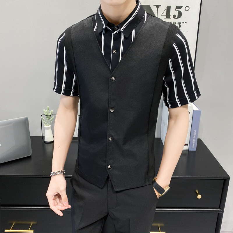 LT135*男条纹衬衫夜店酒吧营业员服务员马甲短袖衬衫假两件P50图片
