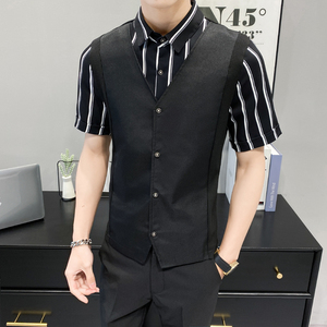 LT135*男条纹衬衫夜店酒吧营业员服务员马甲短袖衬衫假两件P50图片