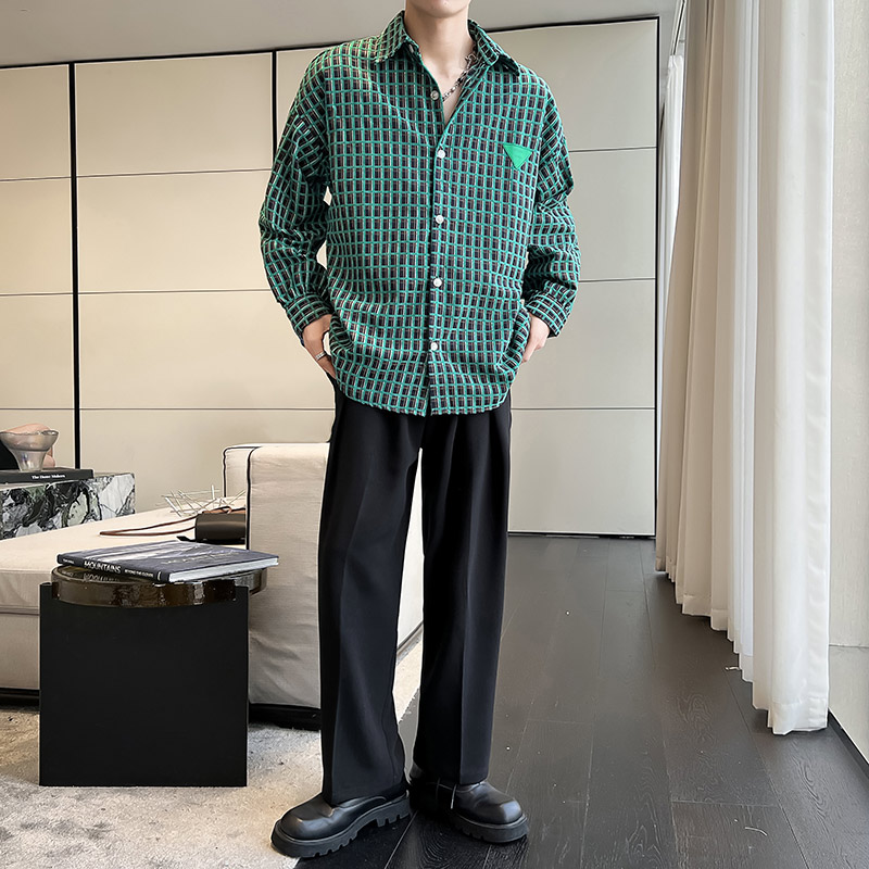 QS021*韩版中性加厚绿色格子长袖衬衫尖领休闲轻者男大版衬衣P50图片