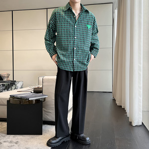 QS021*韩版中性加厚绿色格子长袖衬衫尖领休闲轻者男大版衬衣P50图片