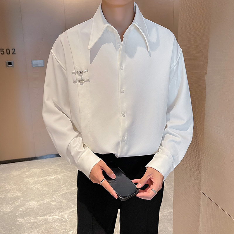 QS068*男新款小众宽松铁扣装饰那不勒斯风格中性长袖衬衫P65,男装衬衫,星座717A