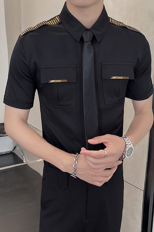 LT031*肩章装饰大口袋空少短袖衬衫酒店餐厅酒吧工作服P40,男装衬衫,星座717A