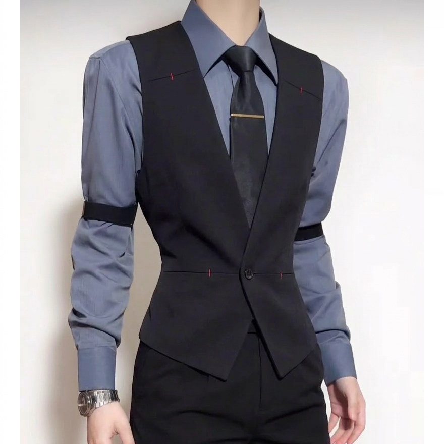 QS794*男灰色一粒扣V领短款马甲调酒师外套P50,男装背心/马甲,星座717A