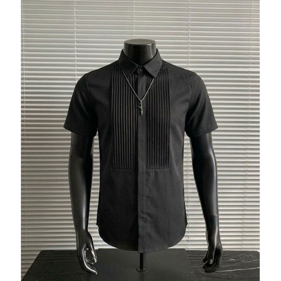 JM143*法式褶皱黑色短袖衬衫伴郎合唱表演服P45,男装衬衫,星座717A