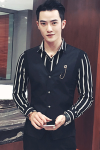 Y8471-新款条纹衬衫马甲假两件大码工作服理发师酒吧网咖衬衣P55图片