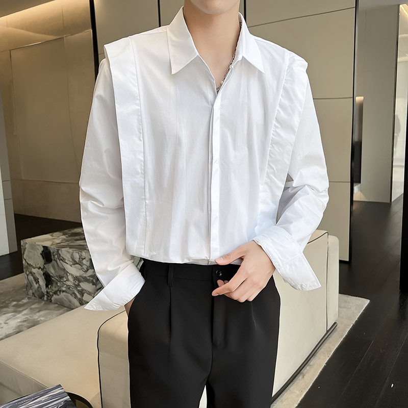 QS027*纯黑色个性另类设计长袖衬衫宽松轻奢男衬衣P55,男装衬衫,星座717A