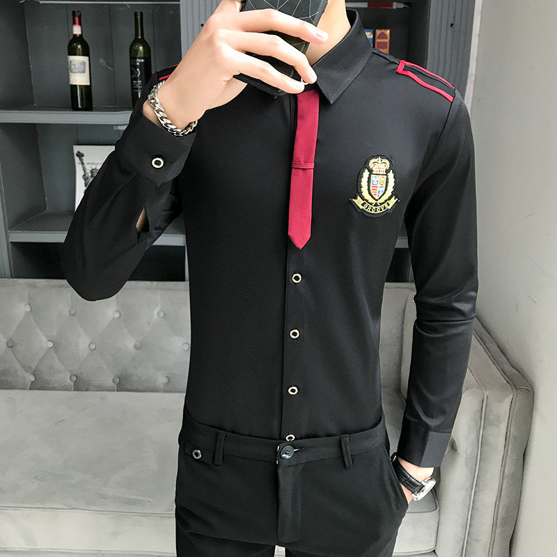 LT104-学院风男领带装饰长袖衬衫夜店酒吧KTV青年衬衣P50,男装衬衫,星座717A