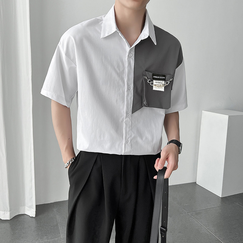 QS034*2022宽松休闲拼色短袖衬衫小众设计大口袋大版短衬衣P55,男装衬衫,星座717A