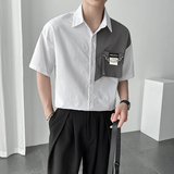 QS034*2022宽松休闲拼色短袖衬衫小众设计大口袋大版短衬衣P55，男装衬衫，星座717A