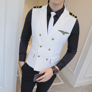 Y8758-Q时尚男韩版修身短款双排扣马甲工作服肩章马甲外套黑色P50