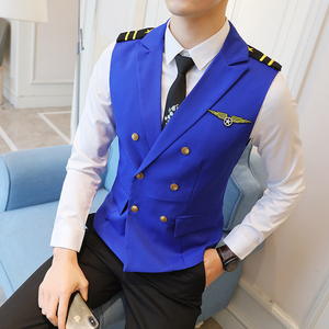 Y8758-Q男韩版短款双排扣空少马甲外套夜店KTV酒吧工作服蓝色P50图片