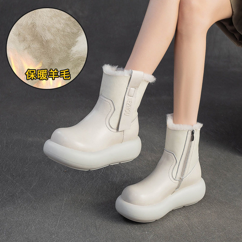 真皮白色羊毛混纺雪地靴女冬季皮毛一体中筒棉靴松糕厚底加绒短靴