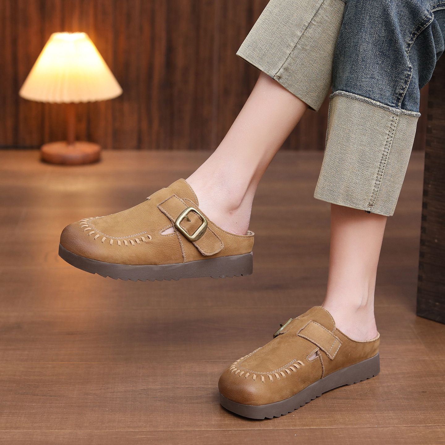 头层牛皮勃肯半拖女2026春季新款厚底休闲包头拖鞋平底博肯凉拖鞋