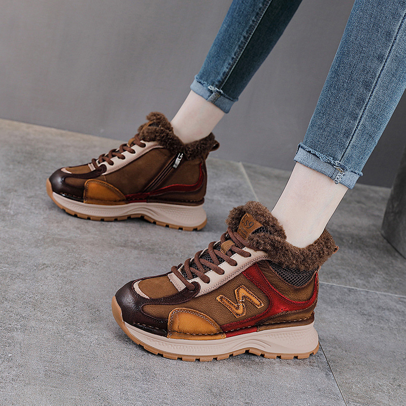 真皮拼色加绒老爹鞋女休闲棉鞋