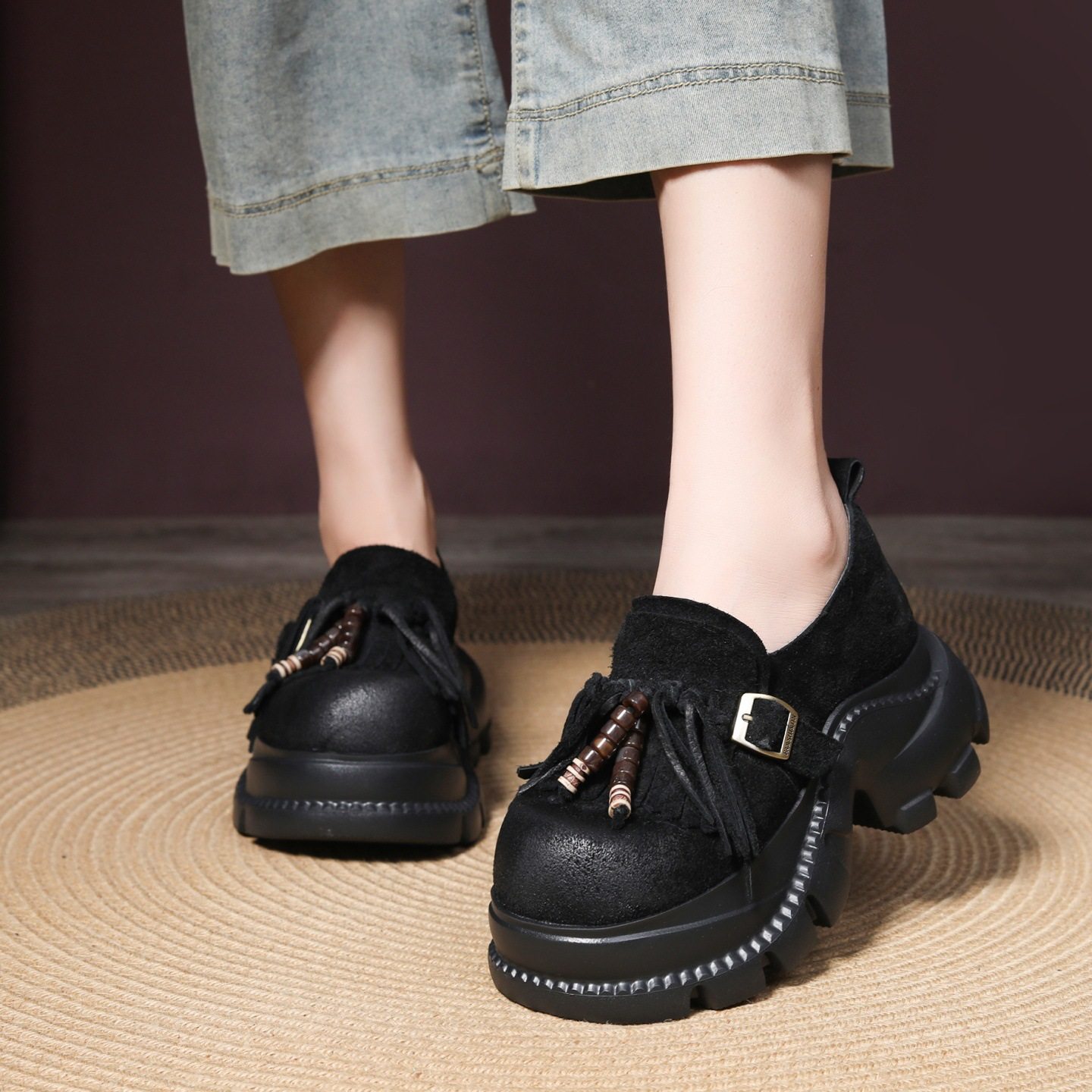 美拉德翻毛皮厚底增高乐福鞋女英伦小皮鞋流苏松糕鞋真皮高跟单鞋,女鞋,深口单鞋,淘宝优惠券,粉丝福利购,淘宝优惠卷