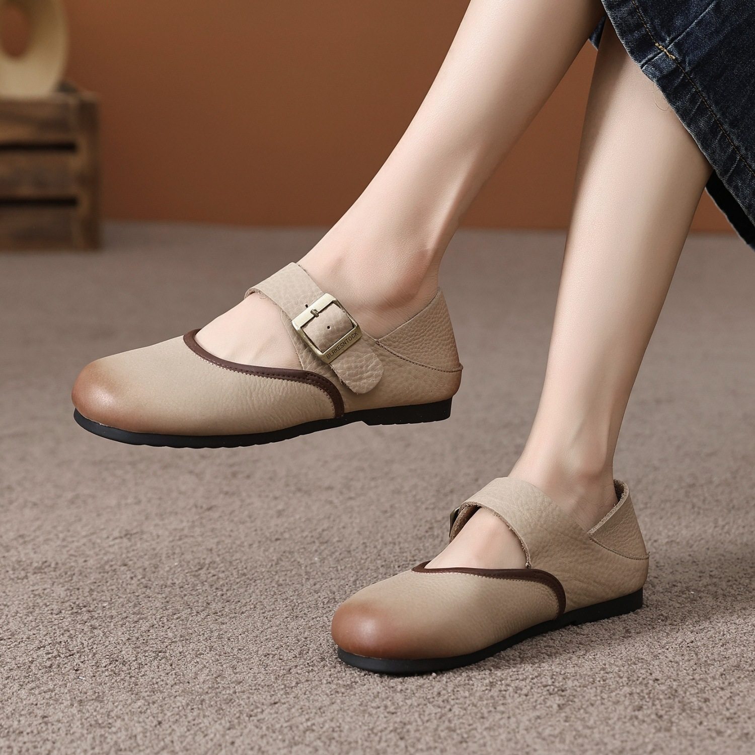 复古拼色玛丽珍女鞋真皮两穿浅口单鞋可踩跟皮鞋平底孕妇鞋护士鞋,女鞋,浅口单鞋,淘宝优惠券,粉丝福利购,淘宝优惠卷