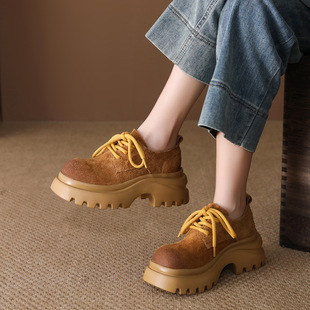 反绒牛皮系带圆头单鞋女春秋2026新款复古厚底增高休闲皮鞋小个子