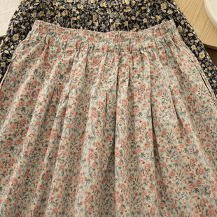 暮雨 春夏新款全棉复古文艺小碎花松紧腰长款半身裙伞裙a字裙长裙