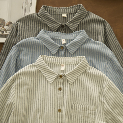 棉麻条纹宽松长袖衬衫女韩版