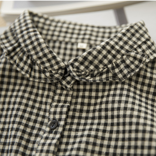 黑白百搭娃娃领格子衬衫 魔法 经典 设计感秋修身 女 日系文艺风法式