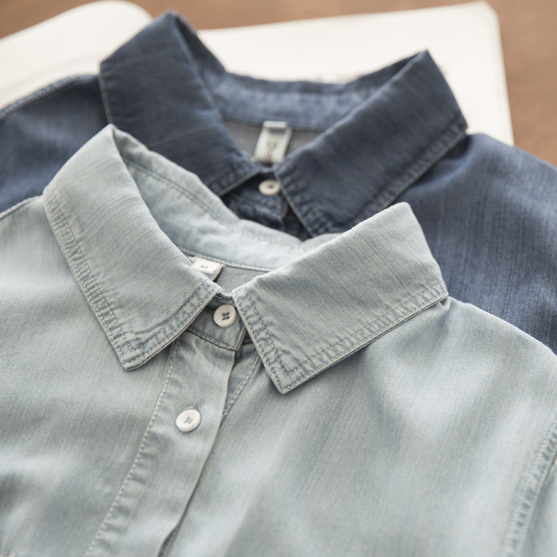 坦白 全棉牛仔衬衫女春秋新款设计感上衣薄款宽松复古港风衬衣