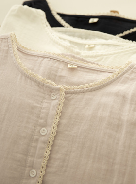 芒桃季 双层棉纱花边立领长袖衬衫女柔软亲肤透气宽松打底上衣