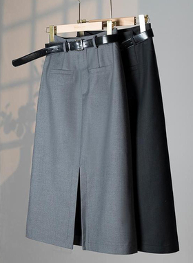 轻奢黑色灰色优雅气质前开叉半身裙后袋盖a字裙职场西装高级半裙