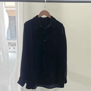 春新款黑色真丝丝绒翻领衬衫女桑蚕丝复古丝绒衬衣宽松外套中长款