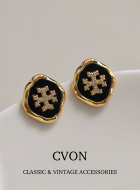 CVON黑色耳钉独特漂亮耳环女高级感轻奢气质复古大气纯银针耳饰