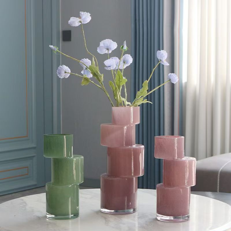 高端轻奢彩色竹节玻璃花瓶插花简约设计师客厅样板间家居装饰摆件