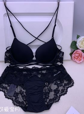 韩国ullala bvb内衣前扣美背交叉带蕾丝舒适聚拢黑色文胸套装现货