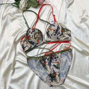 韩国ullala乌拉拉性感前扣美背软钢圈印花内衣舒适撞色交叉带文胸