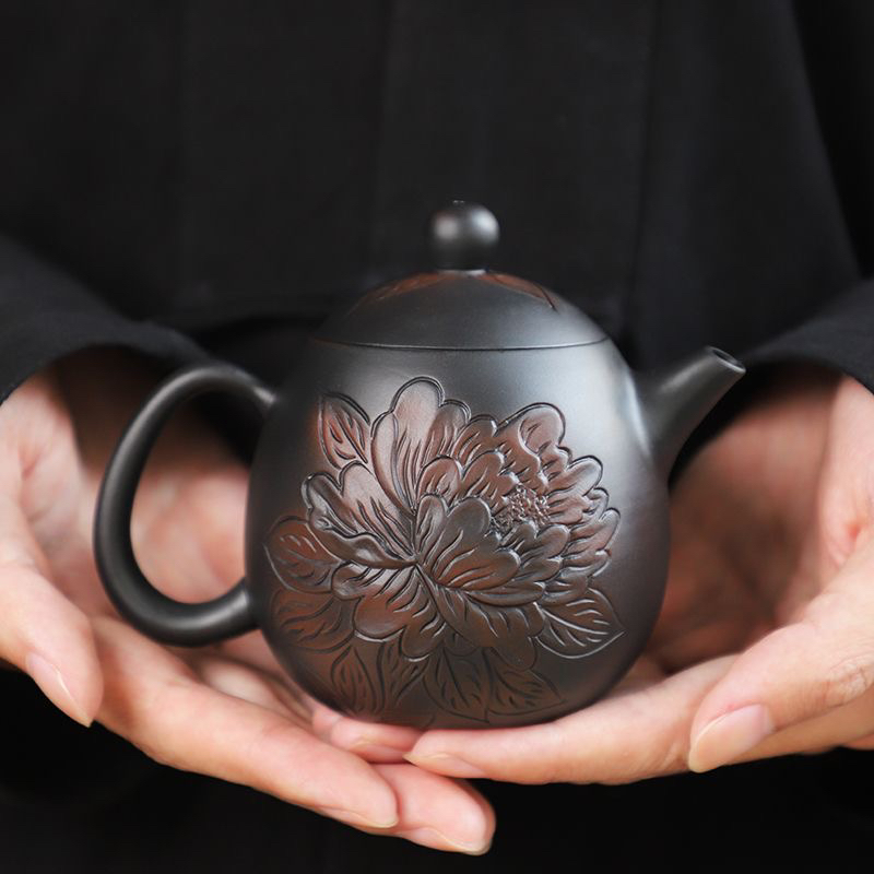 建水紫陶牡丹茶壶龙蛋壶可提旋转凤鸣壶普洱茶泡高档茶壶陶瓷单壶